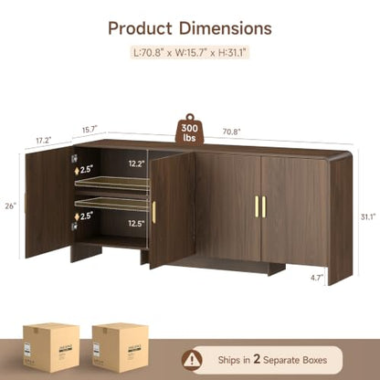 70" Sideboard Buffet Cabinet with Adjustable Shelves Storage,Walnut, view 3
