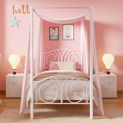 Twin Canopy Bed Frame, Vintage Scrollwork Headboard, Pure White, view 2