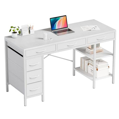 55" Computer Desk with 6 Drawers, Home Office Gaming Desks with Storage Shelves for Bedroom, Writing Study Corner Living Room Work Table White