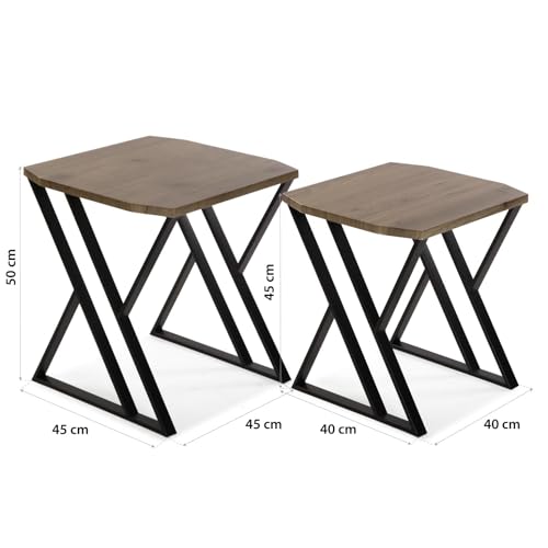 Versa Tulsa Side Table for Living Room, Bedroom or Kitchen Modern Low Table, Set of 2, Measures 50 x 45 x 45 cm (H x L x W), Wood and Metal, Colour: Brown and Black