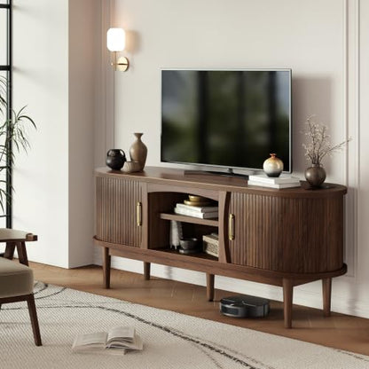 58" Fluted TV Stand, Mid Century Modern Entertainment Center, Walnut, view 8