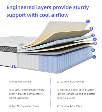 Full Mattress 10 Inch, Bed in a Box Hybrid with Gel Memory Foam & Pocket Springs, view 7