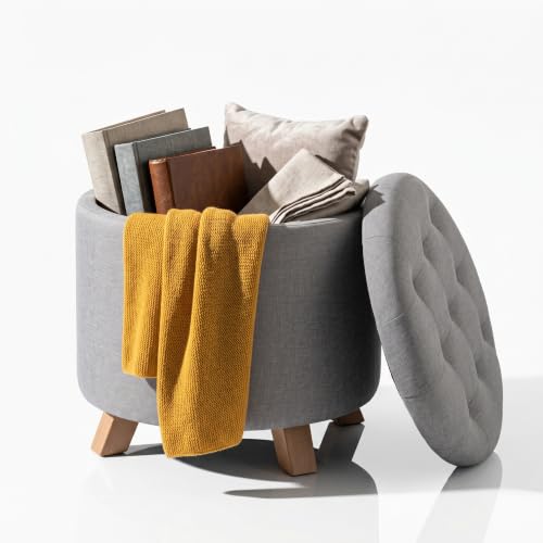 Round Storage Ottoman,Gray | Foot Stool Ottomans with Lids for Living Room,Bedroom,Entryway