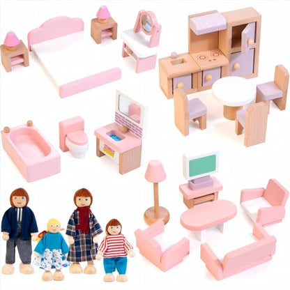 Wooden Dollhouse Furniture Set with 4 Family Dolls, 26 Pcs Pretend Play Dollhouse Accessories for 4 Rooms, Pink Furniture Toys Birthday Gifts for Girls Boys Age 3+