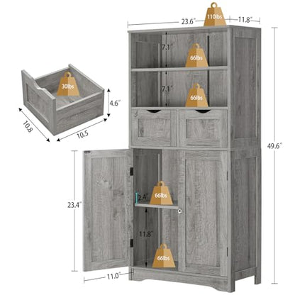 Storage Cabinet with 2 Drawers & Adjustable Shelf, Tall Bathroom Cabinet with Doors, Cupboard, Kitchen Cabinets for Living Room, Dining Room, Entryway, Grey