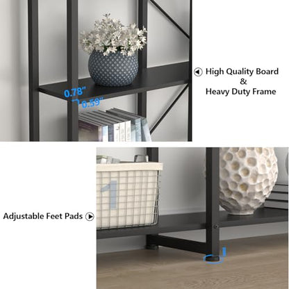 Triple Wide 5-Tier Bookshelf, 70.87" L x 79.13" H Extra Large Bookcase, Tall Open Etagere Display Shelf with Metal Frame, Freestanding Modern Storage Shelves for Home Office (Black)