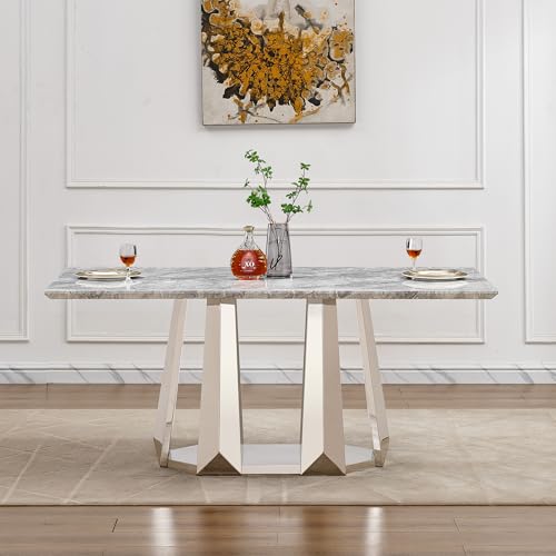 Marble Dining Table for 6 People, 70'' Rectangle Faux Marble Dining Table with Mirrored Stainless Steel Base, Large Size Marble Kitchen Table (Silver,Grey)(only Table)