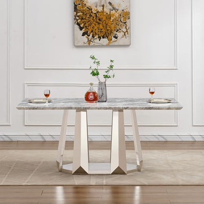 Marble Dining Table for 6 People, 70'' Rectangle Faux Marble Dining Table with Mirrored Stainless Steel Base, Large Size Marble Kitchen Table (Silver,Grey)(only Table)