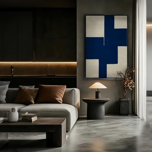 Navy Blue Geometric Block Abstract Wall Art Canvas Print, modern color field artwork in deep navy and ivory for home office, bedroom, office, apartment, modern farmhouse(16x24Inch,Gallery Wrapped）