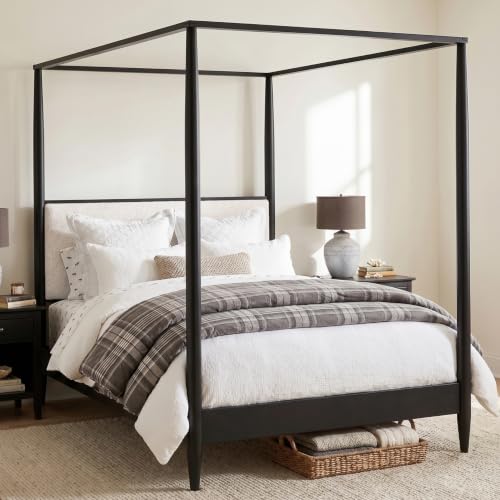 Queen 4-Poster Wood Canopy Bed with Boucle Headboard, Black, view 4