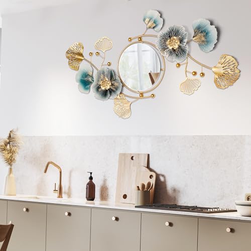 Large Wall Mirror,Modern Wall Mirrors Decorative,3DMetal Ginkgo Biloba Design - Perfect for Living Room, Bedroom, Bathroom, or Entryway Wall Decor