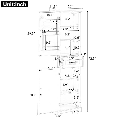 73 Inch Bathroom Storage Cabinet with Adjustable Shelves, Black | Black MDF, bathroom or office, painted finish, door shelves, enclosed cabinets, lower compartment, anti-tip kit, 72.5 in H