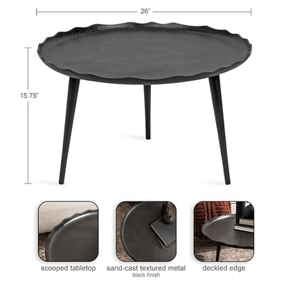 Alessia Modern Round Metal Coffee Table; 26 x 26 x 16; Black; Sand Cast Aluminum Coffee Table with Raised Deckled Edge for Storage and Display