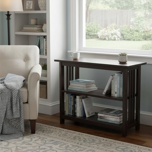 Mission 3-Tier Under Window Bookshelf with Adjustable Middle Shelf and Vertical Slat Side Panels – Space Saving Bookcase for Office, Living Room, or Bedroom (Espresso)