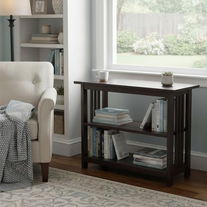 Mission 3-Tier Under Window Bookshelf with Adjustable Middle Shelf and Vertical Slat Side Panels – Space Saving Bookcase for Office, Living Room, or Bedroom (Espresso)