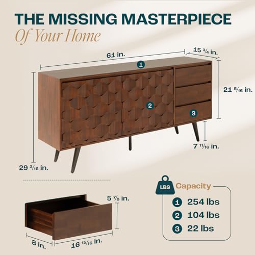 Sideboard Georgina Solid Wood 2 Doors & 3 Drawers, 61'' Mid Century Modern Cabinet with Geometric Pattern for Kitchen, Dining, Living Room