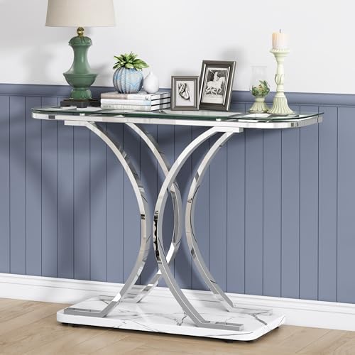 Silver Glass Console Tables for Entryway,Glass Entryway Table with Curved Frames and Marble Base, Modern Entrance Table Sofa Table for Living Room,Hallway,Silver Glass&White Marble