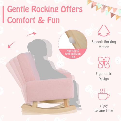 Toddler Rocking Chair, Kids Rocker with Solid Wood Legs & Linen Fabric, Anti-Tipping Design, Toddler Couch for Kids Room, Playroom, Nursery, Bedroom (Pink)