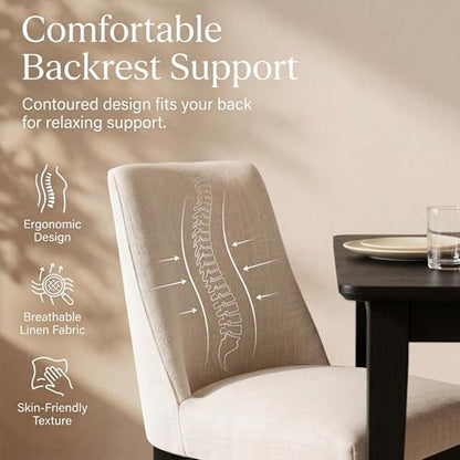Modern Dining Chairs Set of 6 with Comfortable Back Support, Farmhouse Soft Linen Upholstered Dining Room Chairs with Black Solid Wood Legs, Armless Kitchen Side Chairs for Living Room, Beige