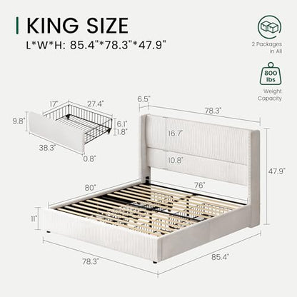 King Size Bed Frame with 4 Storage Drawers Modern White Corduroy Upholstered, view 3