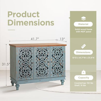 Accent Wood Storage Cabinet with 3 Doors, Large Farmhouse Buffet Sideboard Carved Decorative Storage Cabinet for Living Room Entryway Hallway, 13" Dx41.7 Wx31.5 H, Blue