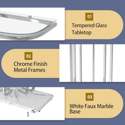 43" Modern Glass Console Table with Curved Chrome Frame & Faux Marble Base, Silver Narrow Sofa Table for Entryway, Living Room, Hallway, Home Office