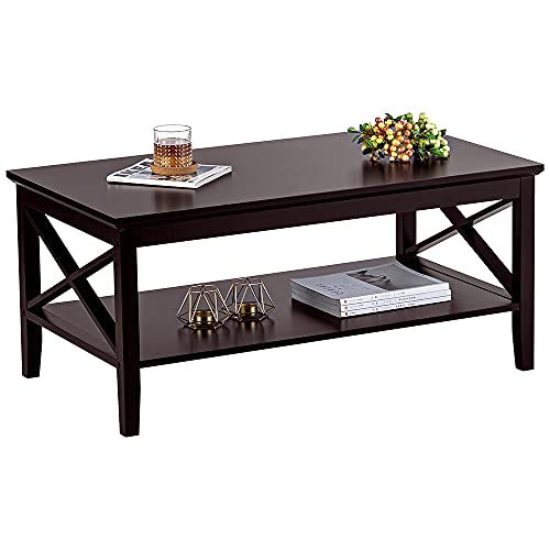 Oxford Coffee Table with Thicker Legs, Espresso Wood Coffee Table with Storage for Living Room 40 inches