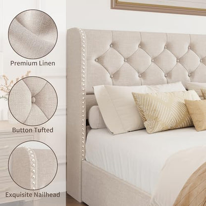 Queen Size Bed Frame with Storage Drawers and Wingback Headboard Linen Upholstered Platform Bed Frame Tufted Beds with Heavy Duty Wood Slats, Noise Free, Easy Assembly, Beige