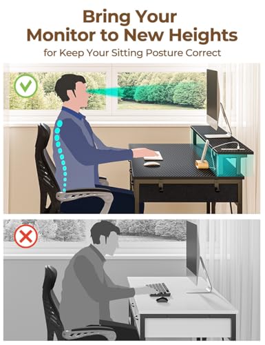 Computer Desk with Power Outlets & LED Light, 39 inch Home Office Desk with 3 Drawers and Storage Shelves, Writing Desk with Monitor Stand, Modern Work Desk for Home Office, Carbon Black