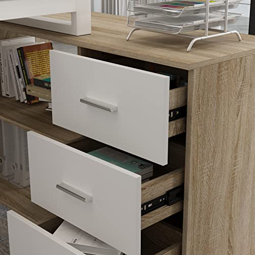 Home Office Computer Desk Corner Desk with 3 Drawers and 2 Shelves, 54 Inch Large L-Shaped Study Writing Table with Storage Cabinet - Walnut and White