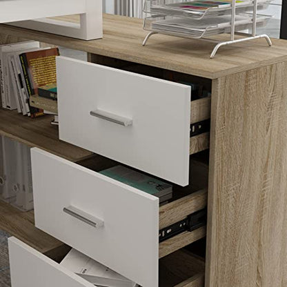 Home Office Computer Desk Corner Desk with 3 Drawers and 2 Shelves, 54 Inch Large L-Shaped Study Writing Table with Storage Cabinet - Walnut and White