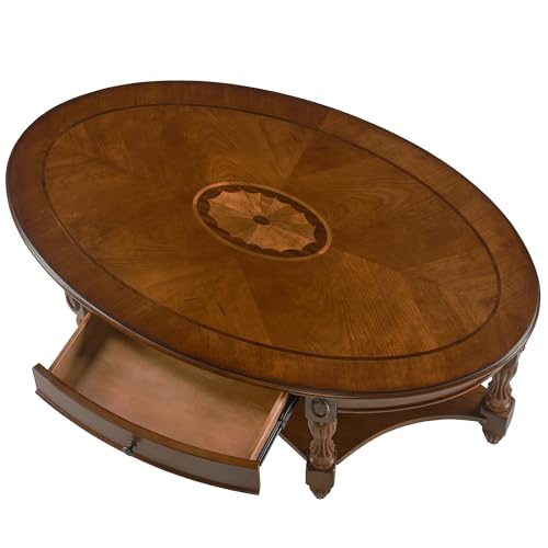 Traditional Wood Oval Coffee Table with Drawer, Beewax Tone | 2-Tier Living Room Cocktail Table with Storage Shelf, Wooden Center Table with Carvings Legs, 44.9"Wx29.9"Dx18.2"H Tea Table