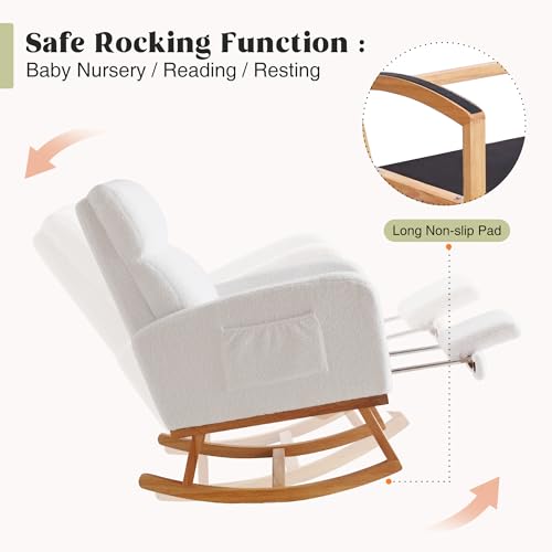 Rocking Chair Nursery with Foot Rest, Nursing Rocking Chairs for Mom Nursery, Teddy Rocker Glider with High Backrest for Living Room, Bedroom, White