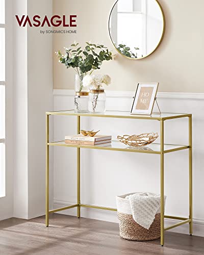 VASAGLE 39.4 Inch Console Sofa Table, Modern Entryway Table, Tempered Glass Table, Metal Frame, 2 Shelves, Adjustable Feet, for Living Room, Hallway, Gold Color ULGT025A01