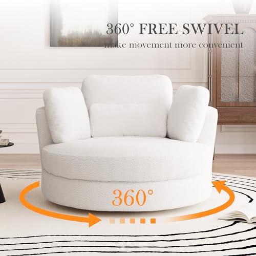 50'' W Oversized Swivel Barrel Chair, Ivory Swivel Accent Chair for Living Room, Round Oversized Arm Chair with 4 Pillows, Deep Seat & Extra Wide, Sherpa
