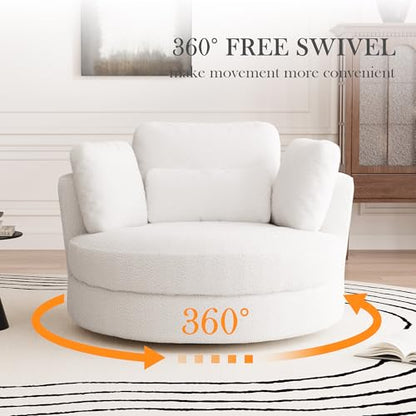 50'' W Oversized Swivel Barrel Chair, Ivory Swivel Accent Chair for Living Room, Round Oversized Arm Chair with 4 Pillows, Deep Seat & Extra Wide, Sherpa