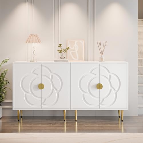 Storage Cabinet, Modern Cabinet with Decorative Flower Pattern Doors, Accent Sideboard Buffet Cabinet for Hallway, Living Room, Kitchen, White