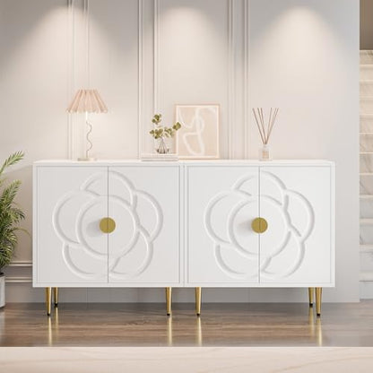Storage Cabinet, Modern Cabinet with Decorative Flower Pattern Doors, Accent Sideboard Buffet Cabinet for Hallway, Living Room, Kitchen, White