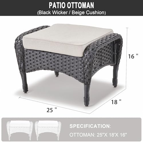 Outdoor Ottomans for Patio Foot Rest - 25 Inch PE Wicker Foot Stool Set of 2 with Removable Cushions for Patio Furniture Sets,All Weather Rattan Ottoman for Balcony Backyard Black/Beige