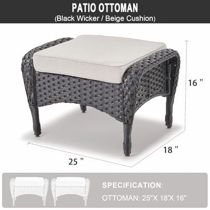 Outdoor Ottomans for Patio Foot Rest - 25 Inch PE Wicker Foot Stool Set of 2 with Removable Cushions for Patio Furniture Sets,All Weather Rattan Ottoman for Balcony Backyard Black/Beige