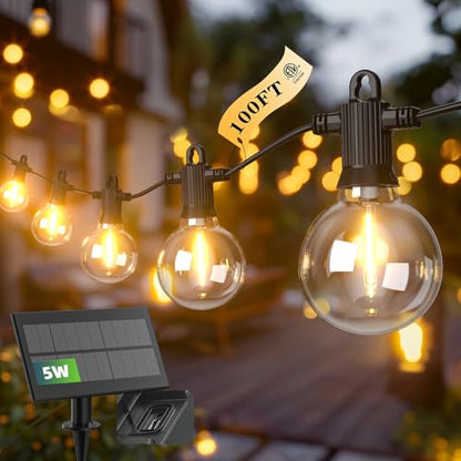 100FT Solar Outdoor String Lights, USB Charging & Solar Powered, IP65 Waterproof Shatterproof Edison Hanging LED Lights for Patio Garden Porch Fence Camping Party