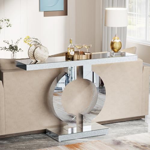 Tribesigns 43" Silver Entryway Table with O-Shaped Base, Modern Rectangle Mirrored Sofa Console Table for Living Room, Hallway, Entrance (Silver)