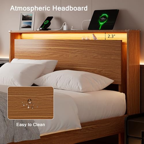 Bed Frame Queen Size with LED Lights & Charging Station – Kids Wood Floating, view 6