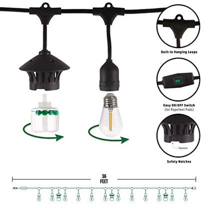 BiteFighter Outdoor LED Weatherproof Proven Mosquito Repellent String Lights 36 Ft, Includes 3 Replaceable Repellent Pods