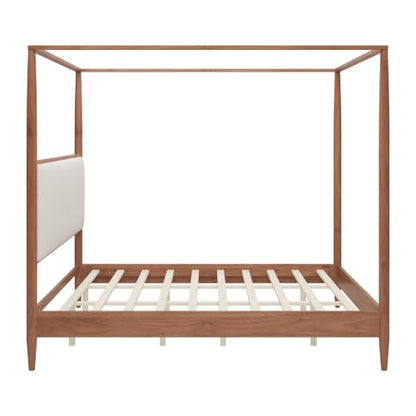 King 4-Poster Wood Canopy Bed with Boucle Headboard, Walnut, view 6