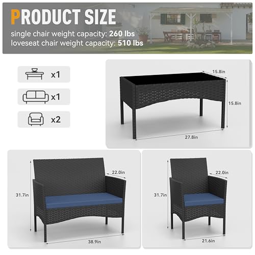 Patio Furniture Set 4 Pieces Outdoor Wicker Rattan Chairs Conversation Sets w/Coffee Table, Rocking Bistro Set, for Deck,Patio,Backyard,Lawn (Navy Blue)