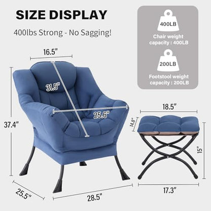 Lazy Chair with Ottoman, Blue Modern Large Accent Chair, Comfy Leisure Sofa Armchair with Ottoman, Reading Chair with Footrest for Bedroom, Living Room, Dorm Rooms, Blue