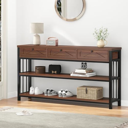 55” Sofa Table with Drawers, Entryway Table with Storage Shelf, 3 Tier Console Table with Storage Behind Couch for Living Room, Rustic Wood Metal Entry Hallway Table for Entrance, Walnut, 55 in