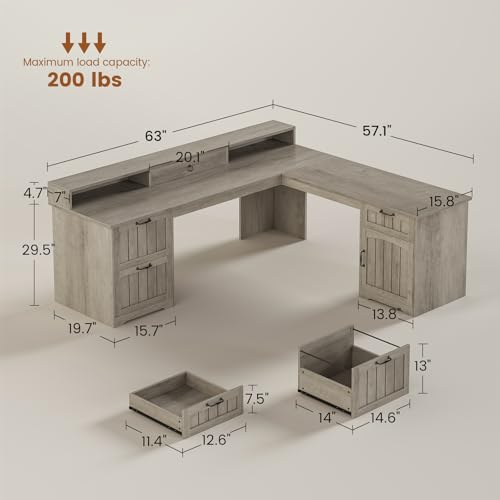 Farmhouse 63" L Shaped Desk with Drawers and Storage Cabinet, view 3