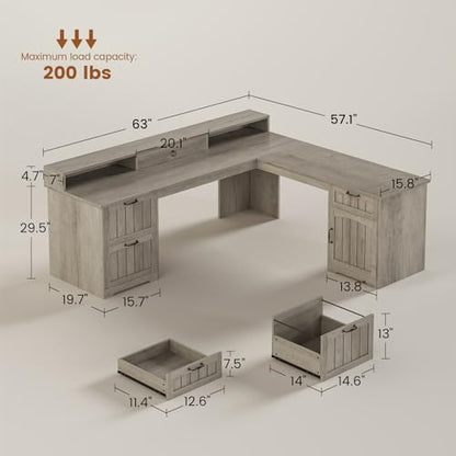 Farmhouse 63" L Shaped Desk with Drawers and Storage Cabinet, view 3